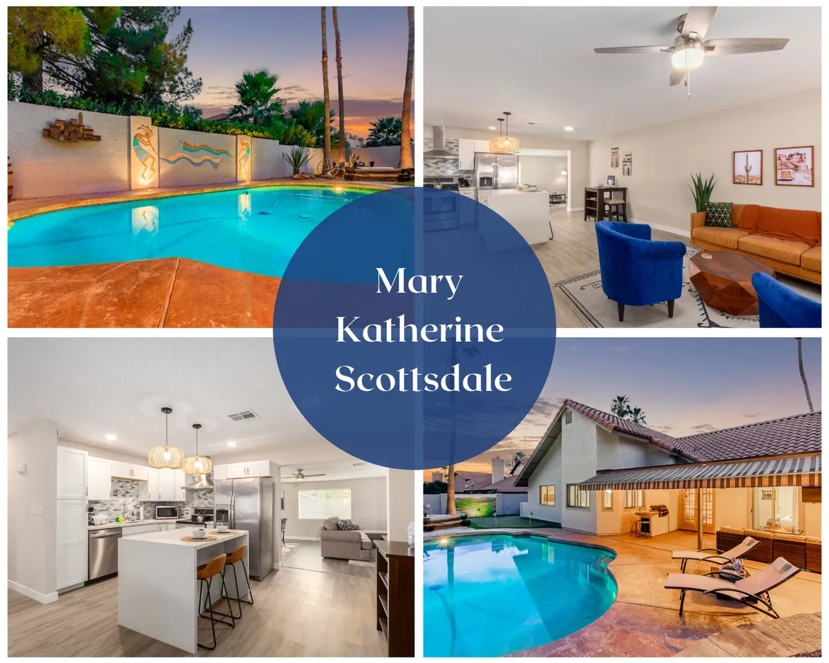 The image showcases a sparkling heated swimming pool surrounded by comfortable outdoor seating, with a glimpse of the modern kitchen island and a stylish living room couch inside. The setting is bathed in warm Arizona sunset light, evoking a relaxed and inviting atmosphere perfect for family gatherings and outdoor enjoyment.